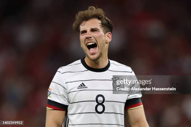 Leon Goretzka of Germany reacts during the UEFA Nations League League A Group 3 match between Hungary and Germany at Puskas Arena on June 11, 2022 in...