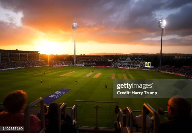 General view of play during the Vitality T20 Blast match between Somerset CCC and Kent Spitfires at The Cooper Associates County Ground on June 10,...