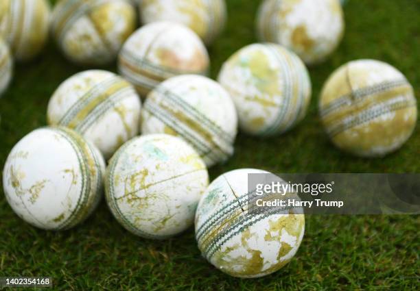 Detailed view of cricket balls ahead of the Vitality T20 Blast match between Somerset CCC and Kent Spitfires at The Cooper Associates County Ground...