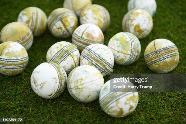 Detailed view of cricket balls ahead of the Vitality T20 Blast match between Somerset CCC and Kent Spitfires at The Cooper Associates County Ground...