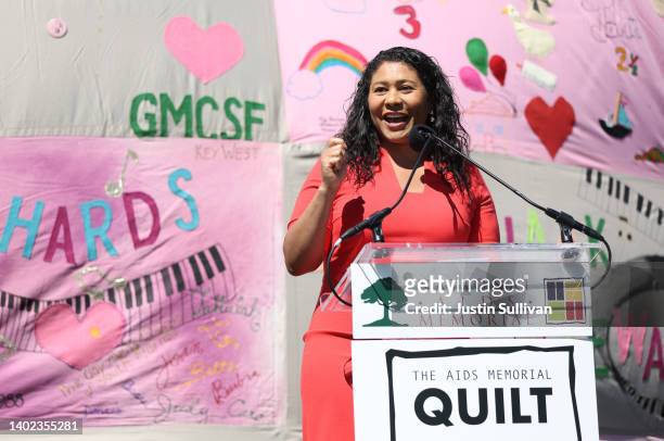 San Francisco Mayor London Breed speaks before the AIDS Memorial Quilt is displayed on the lawn at Robin Williams Meadow in Golden Gate Park on June...