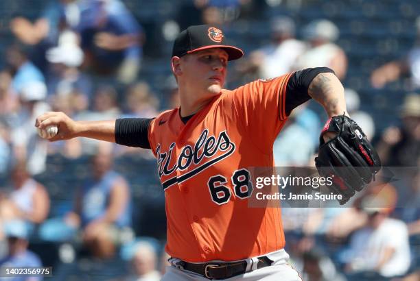 Starting pitcher Tyler Wells of the Baltimore Orioles pitches during the 1st inning of the game against the Kansas City Royals at Kauffman Stadium on...