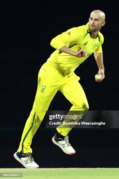 Ashton Agar in action during the 3rd match in the T20 International series between Sri Lanka and Australia at Pallekele Cricket Stadium on June 11,...