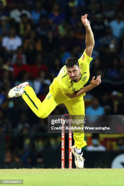 Marcus Stoinis of Australia bowls during the 3rd match in the T20 International series between Sri Lanka and Australia at Pallekele Cricket Stadium...