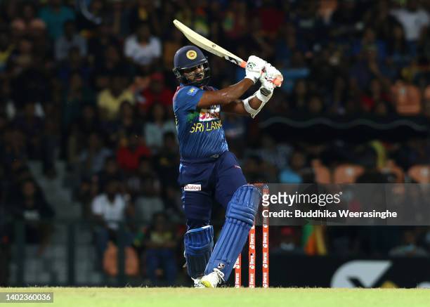 Chamika Karunaratne of Sri Lanka bats during the 3rd match in the T20 International series between Sri Lanka and Australia at Pallekele Cricket...