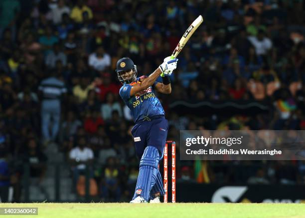 Dasun Shanaka of Sri Lankan captain bats during the 3rd match in the T20 International series between Sri Lanka and Australia at Pallekele Cricket...