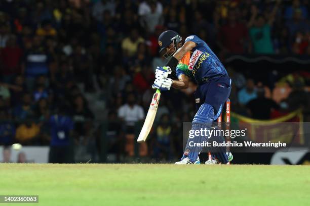 Dasun Shanaka of Sri Lankan captain bats during the 3rd match in the T20 International series between Sri Lanka and Australia at Pallekele Cricket...