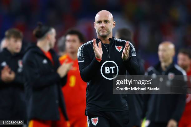 Rob Page, Head Coach of Wales acknowledges the fans after their sides draw during the UEFA Nations League League A Group 4 match between Wales and...