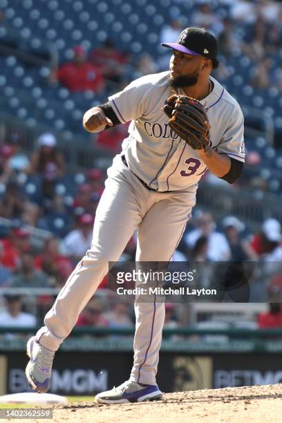 Alex Colome of the Colorado Rockies pitches during baseball game against the Washington Nationals at Nationals Park on May 29, 2022 in Washington, DC.