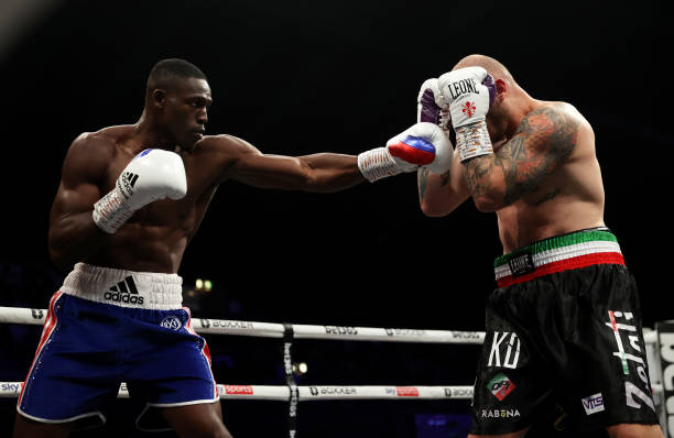 Richard Riakporhe punches Fabio Turchi during the Cruiserweight fight between Richard Riakporhe and Fabio Turchi as part of the BOXXER fight night...