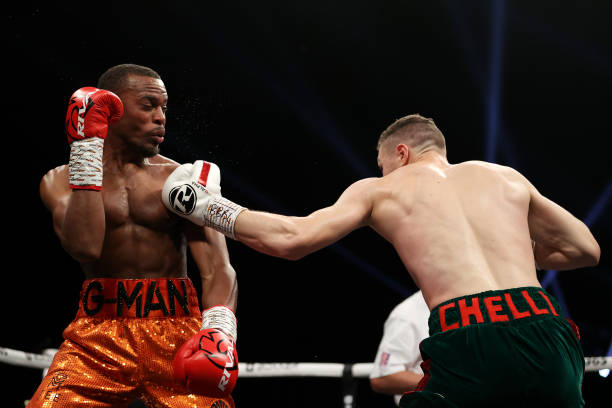 Zak Chelli punches Germaine Brown during the English Super Middleweight Title fight between Germaine Brown and Zak Chelli as part of the BOXXER fight...