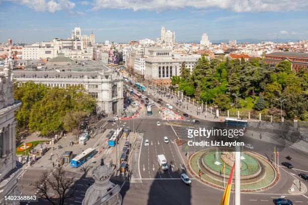 elevated view of plaza de cibeles and calle de alcalá, madrid, spain - madrid cityscape stock pictures, royalty-free photos & images