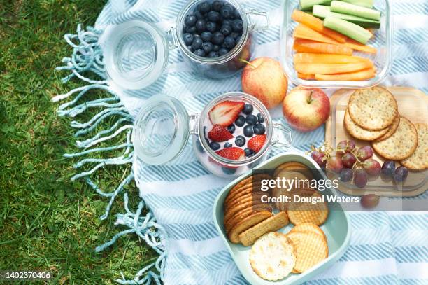 homemade picnic with organic foods in reusable plastic free containers. - picnic stock-fotos und bilder