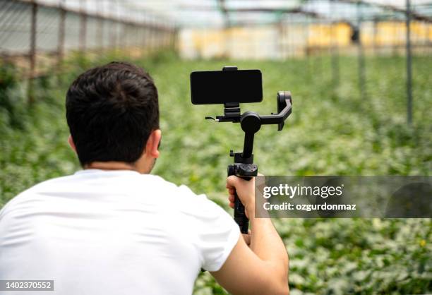 man shooting with a smartphone connected to a gimbal in a greenhouse - cardanische-ophanging stockfoto's en -beelden