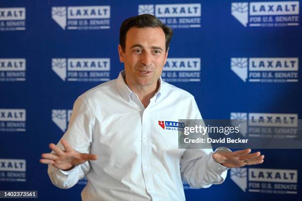 Nevada GOP Senate candidate Adam Laxalt speaks during a campaign event at Pirates Landing restaurant on June 11, 2022 in Logandale, Nevada. Laxalt...