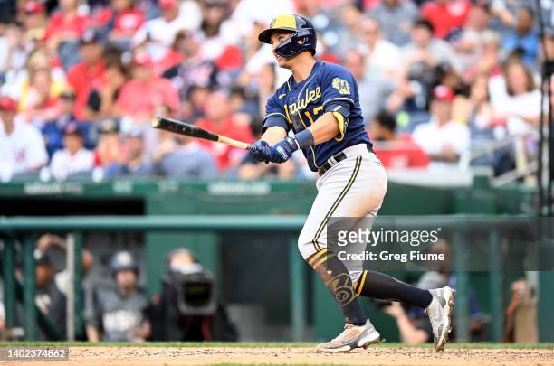 Mark Mathias of the Milwaukee Brewers hits a two-run home run for his first career home run in the seventh inning against the Washington Nationals at...