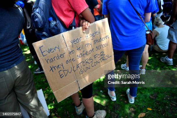 Protester holds a sign during March For Our Lives II to protest against gun violence on June 11, 2022 in Los Angeles, California. Gun reform...