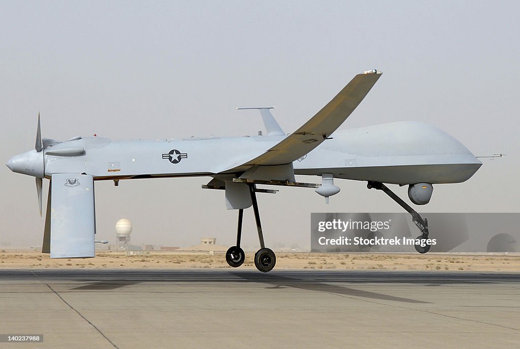 An MQ-1 Predator unmanned aircraft prepares for takeoff in support of operations in Southwest Asia.