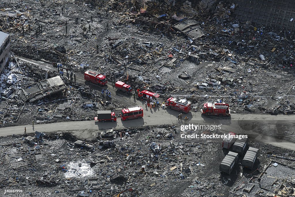 Aerial view of the Japanese Ground Self-Defense Force and disaster relief crews