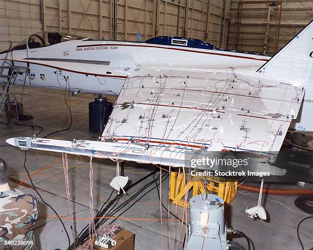 accelerometers and sensors cover the active aeroelastic wing of an f/a-18 test aircraft. - military inspection stock pictures, royalty-free photos & images