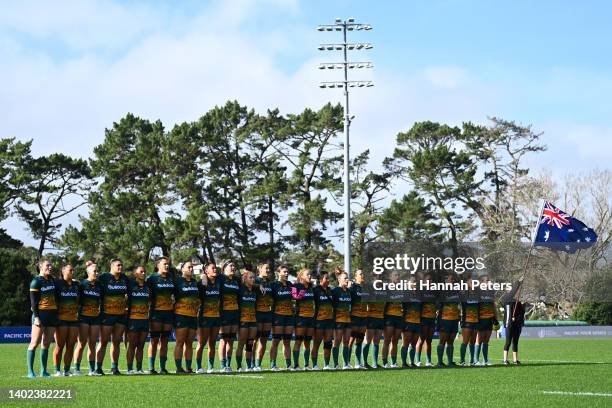 The Australia Wallaroos sing the national anthem ahead of the 2022 Pacific Four Series match between USA and the Australia Wallaroos at The Trusts...