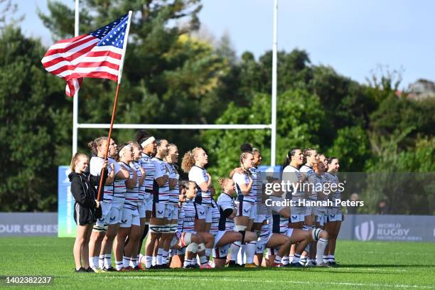 The USA Eagles sing the national anthem ahead of the 2022 Pacific Four Series match between USA and the Australia Wallaroos at The Trusts Arena on...