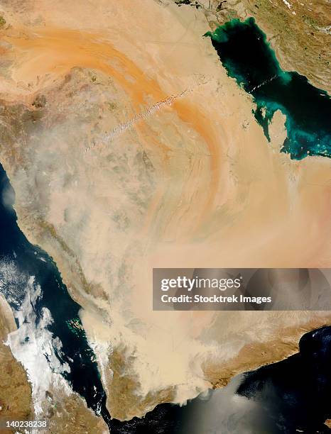 march 27, 2011 - satellite view of a dust storm in saudi arabia.  - gulf of aden stock pictures, royalty-free photos & images