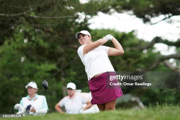 Kristen Gillman plays her shot from the second tee during the second round of the ShopRite Classic at Seaview Bay Course on June 11, 2022 in...