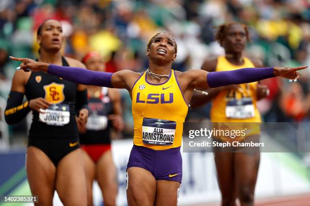 Alia Armstrong of LSU reacts after winning the 100 meter hurdles during the NCAA Division I Men's and Women's Outdoor Track & Field Championships at...