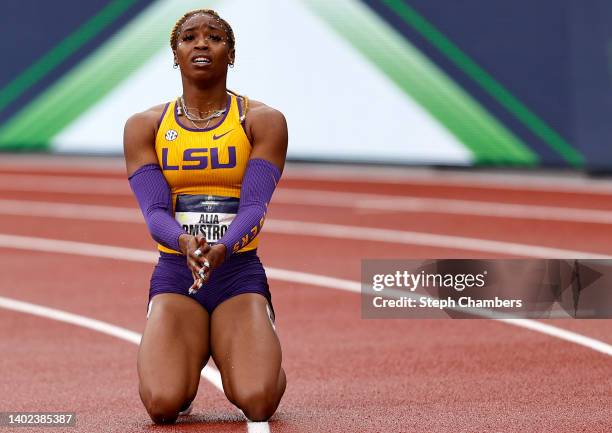 Alia Armstrong of LSU reacts after winning the 100 meter hurdles during the NCAA Division I Men's and Women's Outdoor Track & Field Championships at...