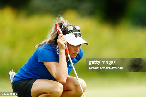 Gerina Mendoza read her putt on the fifth green during the second round of the ShopRite Classic at Seaview Bay Course on June 11, 2022 in Galloway,...