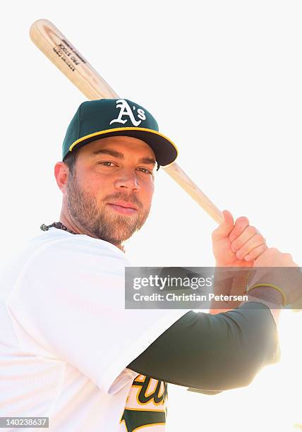 Landon Powell of the Oakland Athletics poses for a portrait during spring training photo day at Phoenix Municipal Stadium on February 27, 2012 in...