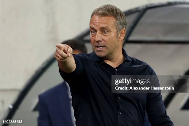 Hans-Dieter Flick, head coach of Germany reacts during the UEFA Nations League League A Group 3 match between Hungary and Germany at Puskas Arena on...