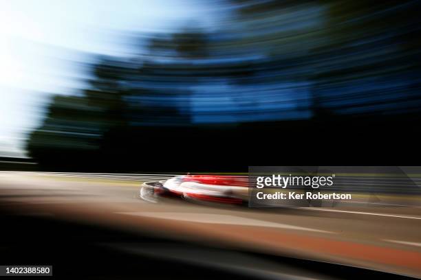 The Toyota Gazoo Racing Toyota GR010 Hybrid of Mike Conway, Kamui Kobayashi and Jose Maria Lopez drives during the 24 Hours of Le Mans at the Circuit...