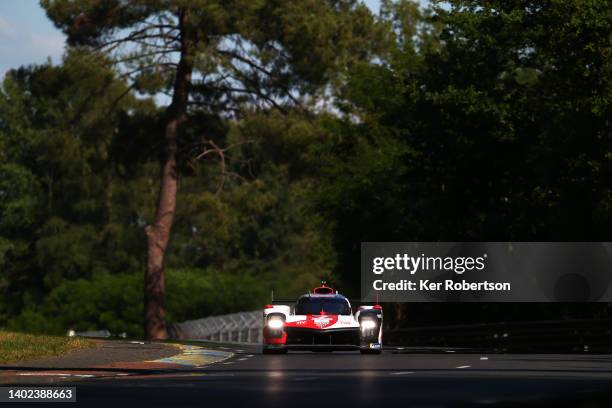 The Toyota Gazoo Racing Toyota GR010 Hybrid of Mike Conway, Kamui Kobayashi, and Jose Maria Lopez drives during the 24 Hours of Le Mans at the...