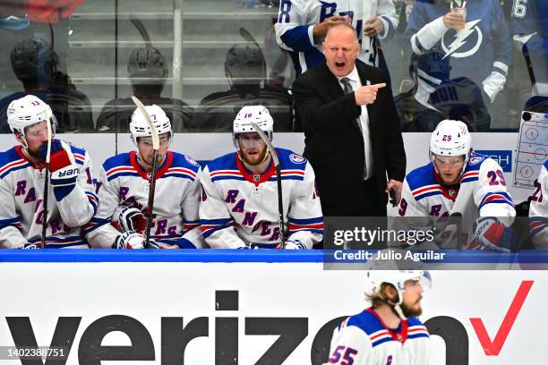 Head Coach Gerard Gallant of the New York Rangers reacts against the Tampa Bay Lightning during the second period in Game Six of the Eastern...