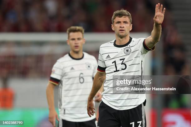 Thomas Müller of Germany reacts during the UEFA Nations League League A Group 3 match between Hungary and Germany at Puskas Arena on June 11, 2022 in...