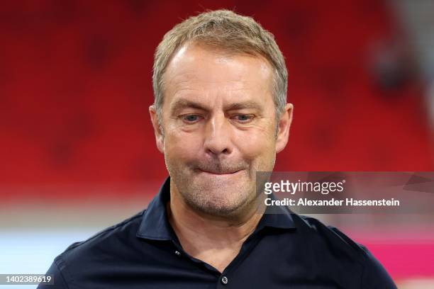 Hans-Dieter Flick, head coach of Germany reacts after the UEFA Nations League League A Group 3 match between Hungary and Germany at Puskas Arena on...