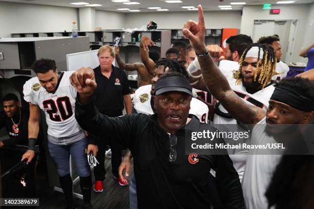 Head coach Kevin Sumlin of the Houston Gamblers celebrates with players in the locker room after defeating the Birmingham Stallions 17-15 at...