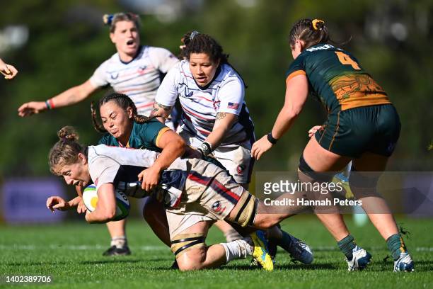 Kate Zackary of the USA Eagles charges forward during the 2022 Pacific Four Series match between USA and the Australia Wallaroos at The Trusts Arena...