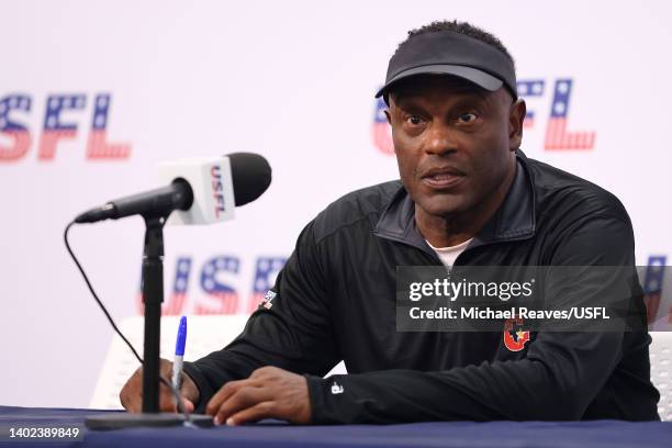 Head coach Kevin Sumlin of the Houston Gamblers talks to reporters after defeating the Birmingham Stallions 17-15 at Protective Stadium on June 11,...