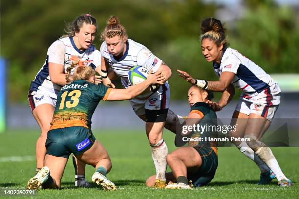 Alev Kelter of the USA Eagles charges forward during the 2022 Pacific Four Series match between USA and the Australia Wallaroos at The Trusts Arena...