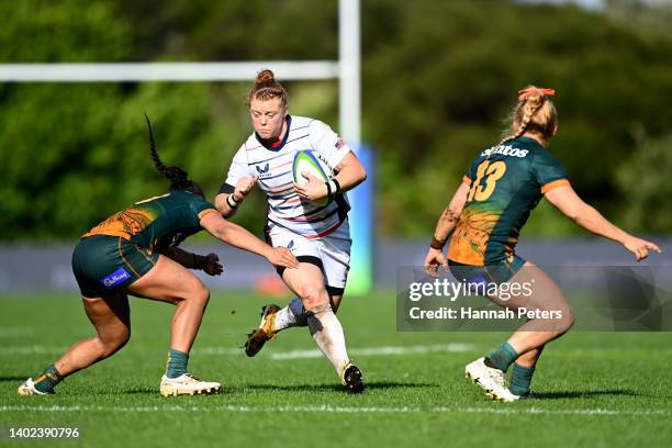 Alev Kelter of the USA Eagles charges forward during the 2022 Pacific Four Series match between USA and the Australia Wallaroos at The Trusts Arena...