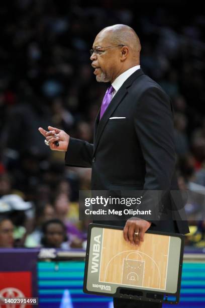 Interim head coach Fred Williams of the Los Angeles Sparks looks on during the game against the Las Vegas Aces at Crypto.com Arena on June 11, 2022...