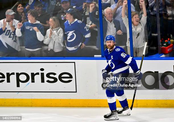 Steven Stamkos of the Tampa Bay Lightning celebrates after scoring a goal on Igor Shesterkin of the New York Rangers during the third period in Game...