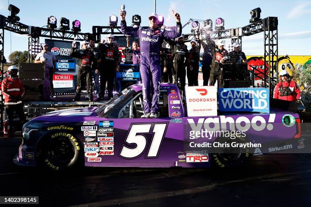 Kyle Busch, driver of the yahoo! Toyota, celebrates in victory lane after winning the NASCAR Camping World Truck Series DoorDash 250 at Sonoma...
