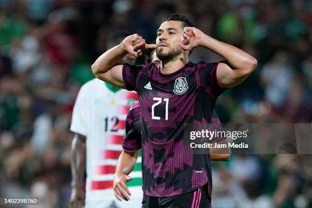 Henry Martin of Mexico celebrates after scoring his team's second goal during the match between Mexico and Suriname as part of the CONCACAF Nations...
