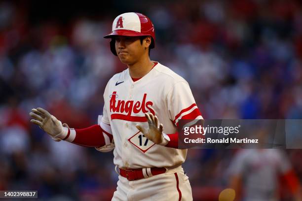 Shohei Ohtani of the Los Angeles Angels runs the bases against the New York Mets in the first inning at Angel Stadium of Anaheim on June 11, 2022 in...