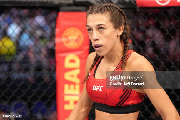 Joanna Jedrzejczyk of Poland prepares to fight Zhang Weili of China in a flyweight fight during the UFC 275 event at Singapore Indoor Stadium on June...