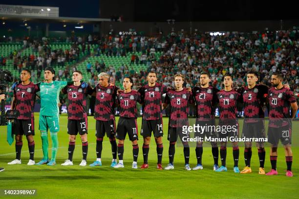 Players of Mexico poser prior the match between Mexico and Suriname as part of the CONCACAF Nations League at Corona Stadium on June 11, 2022 in...